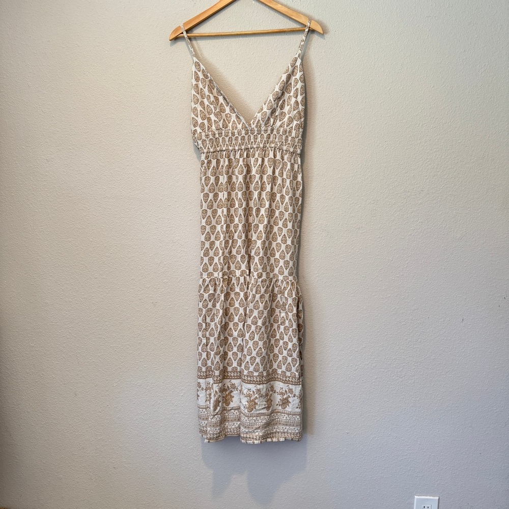Sim & Sam Women Tan Paisley Block Print Linen Blend Tiered Maxi Dress Large